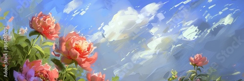 Painted Coral Peonies Against a Blue Sky - 1500 x 500, Thick Bold Strokes, Lush Color