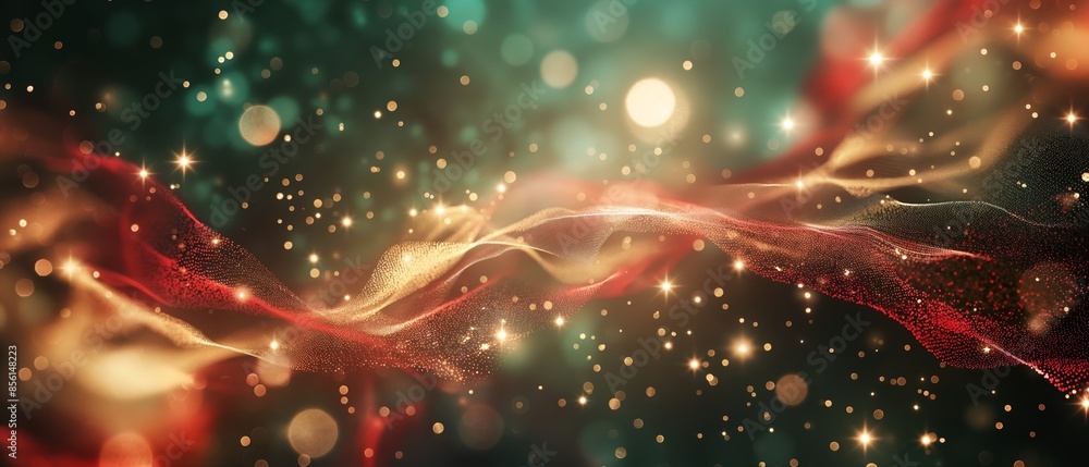A colorful, swirling pattern of red and gold with stars and dots. Digital particles wave and light abstract background A colorful, swirling pattern of red and gold with stars and dots. Digital particles wave and light abstract background