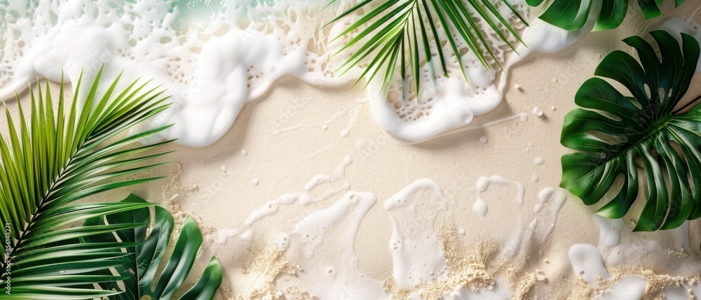 concept of relaxation on the ocean shore, white sand and palm leaves. concept of relaxation on the ocean shore, white sand and palm leaves.