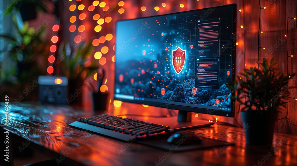 Fototapeta premium Computer screen displaying security shield icon, modern cybersecurity concept.
