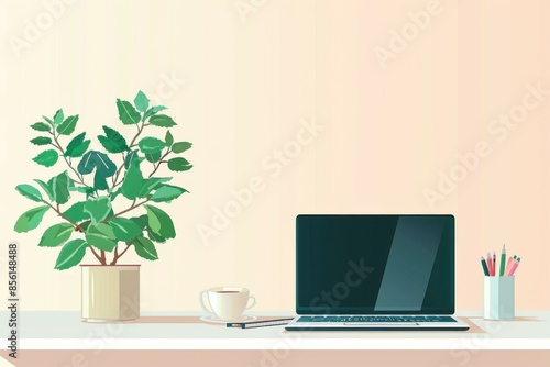 Wallpaper Mural flat drawing of a work office with a desk with a laptop, a plant and a cup of coffee Torontodigital.ca
