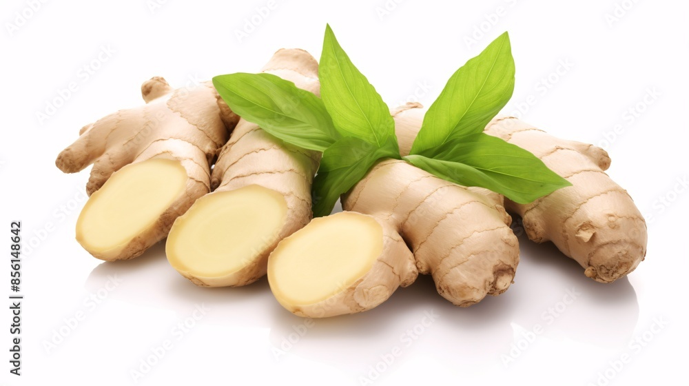 a group of ginger root with leaves a group of ginger root with leaves