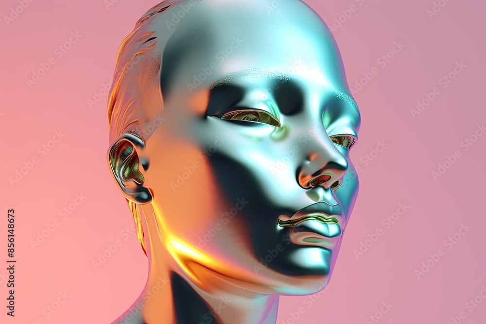 Colorful metallic human head in profile view on gradient background Colorful metallic human head in profile view on gradient background