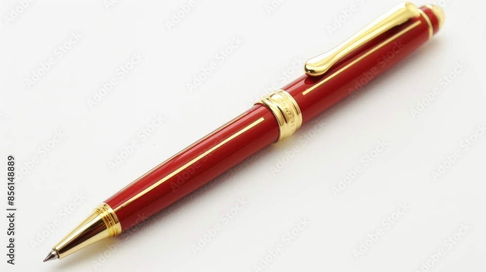 Fototapeta premium Red Pen with Gold Stripes on White Background