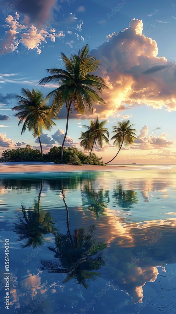 Tropical island with palm trees reflected in serene water at sunset, scenic beach view. Tranquil nature and travel concept Tropical island with palm trees reflected in serene water at sunset, scenic beach view. Tranquil nature and travel concept