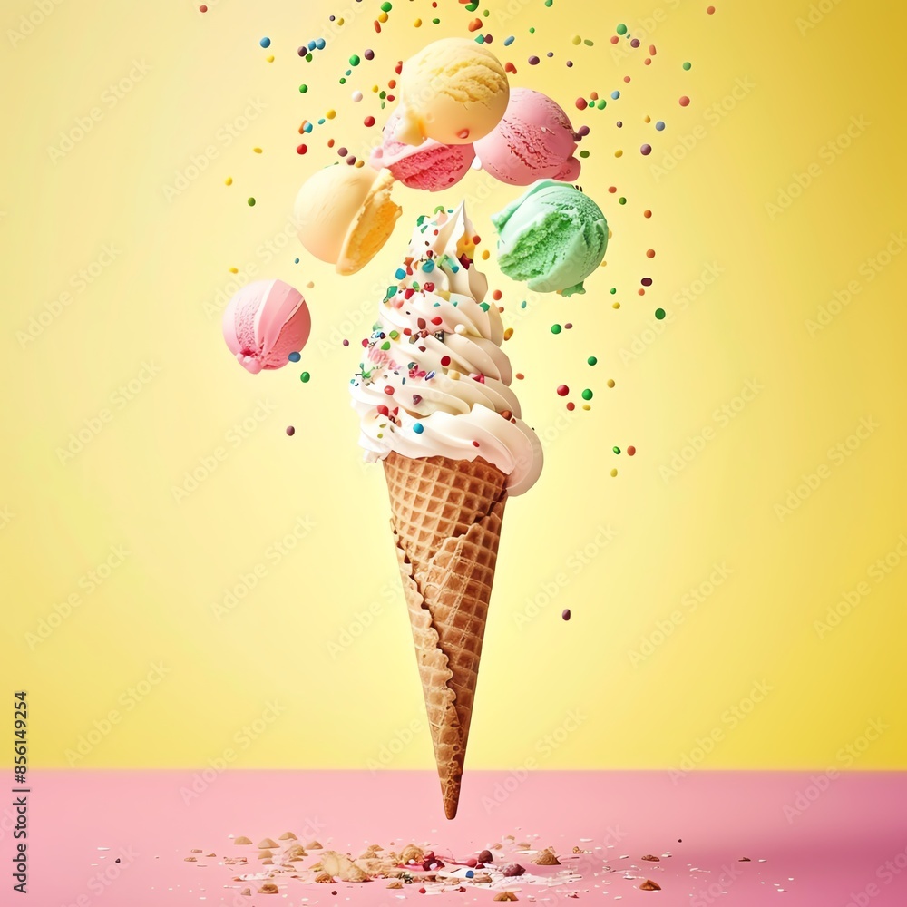 Colorful ice cream cone with scoops and sprinkles on a pastel background, capturing a fun and playful summer vibe. Colorful ice cream cone with scoops and sprinkles on a pastel background, capturing a fun and playful summer vibe.