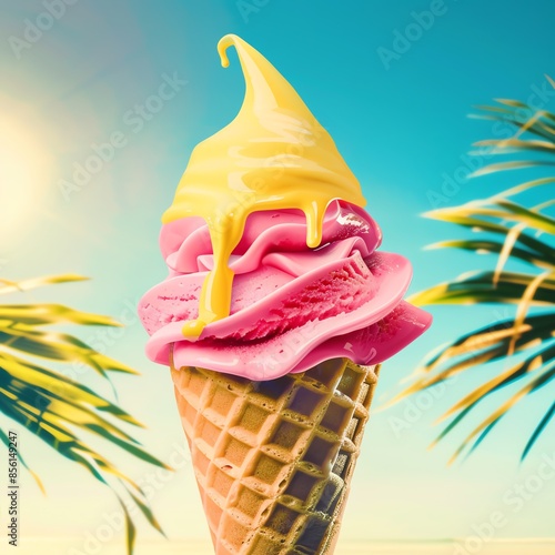 Delicious pink and yellow ice cream in a waffle cone with a sunny beach background and palm leaves. photo