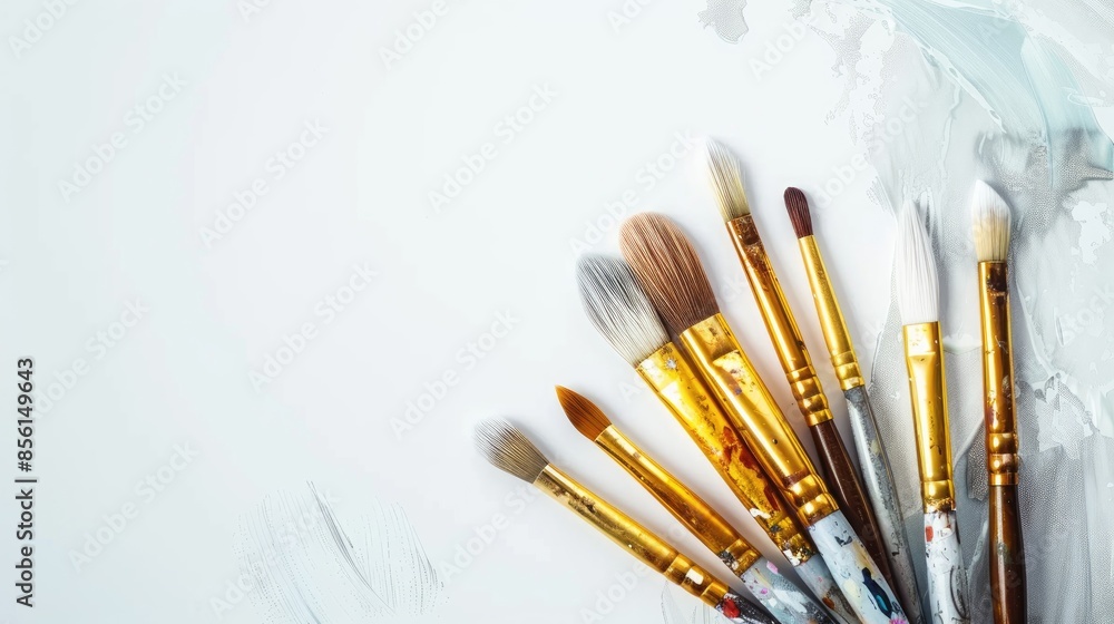 Paintbrushes on white background for art Creative tools for painting Watercolor brush School art supplies Artwork concept Overhead view with space Paintbrushes on white background for art Creative tools for painting Watercolor brush School art supplies Artwork concept Overhead view with space