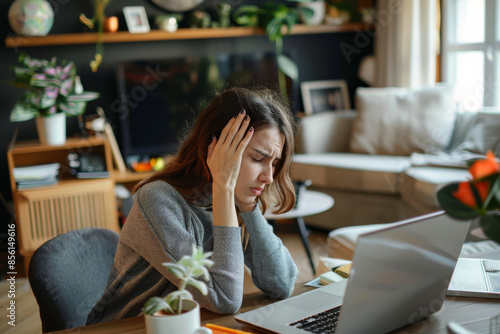 A woman sitting in front of a laptop, holding her head in frustration, surrounded by a cozy yet cluttered living room environment.