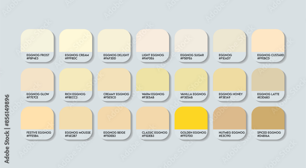 Vetor de Eggnog Color Palette, Eggnog Color Guide Palette with Color Names. Catalog Samples of