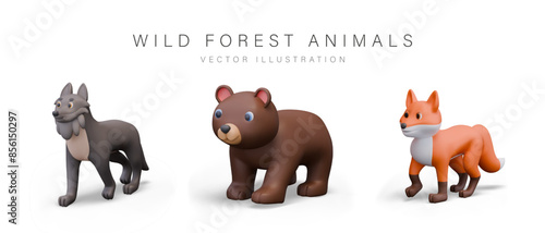 Set of wild forest animals in 3D children style. Wolf, bear, fox on white background