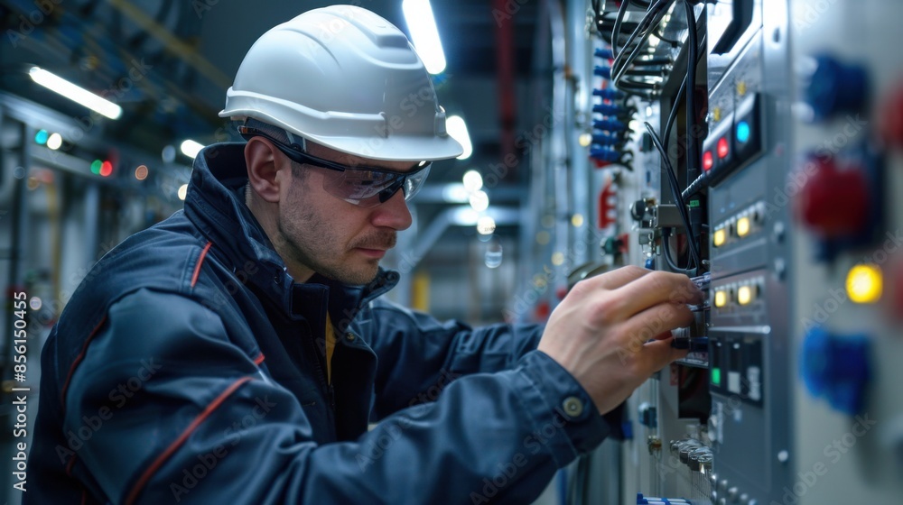 A man in a white helmet is working on a machine A man in a white helmet is working on a machine