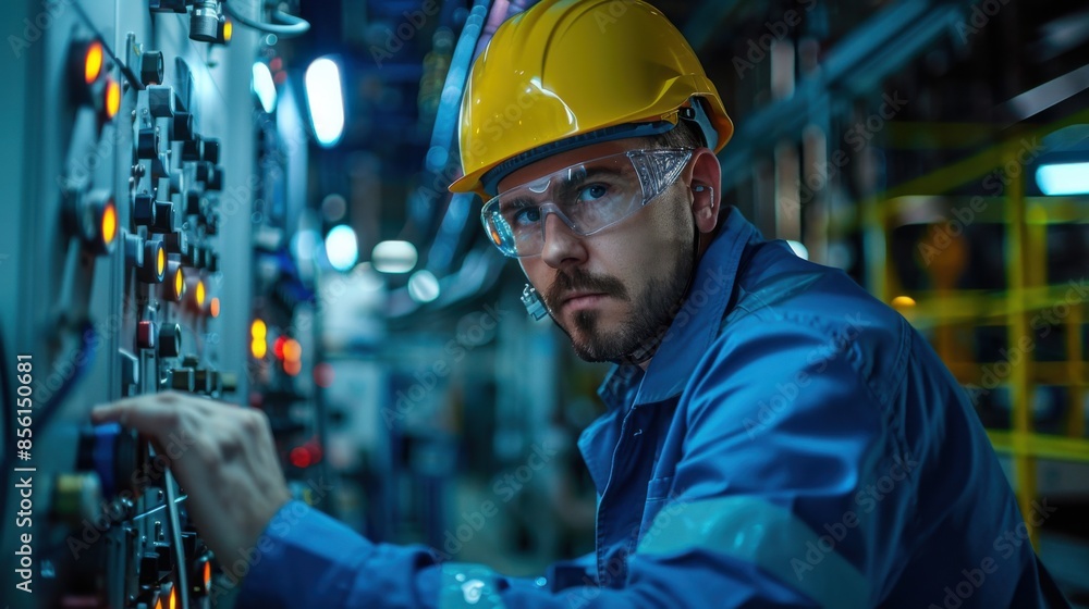 A man in a yellow helmet is working on a machine A man in a yellow helmet is working on a machine
