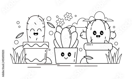 Hand Drawn Kawaii Plant Coloring Book with Cute Expressions Illustration