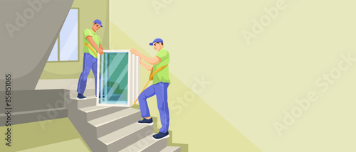 Workers carrying a large window up a staircase, illustration, indoors, home renovation. Vector illustration