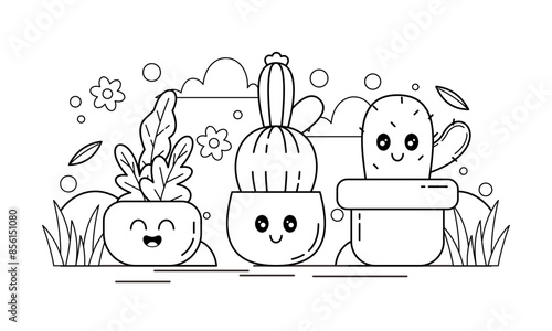 Hand Drawn Kawaii Plant Coloring Book with Cute Expressions Illustration