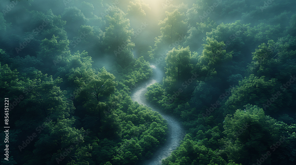 Fototapeta premium Aerial view of dense serene forest with sunlight.
