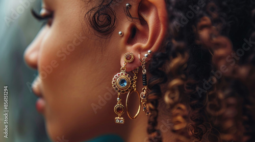 A close-up of a woman's ear adorned with multiple piercings and earrings. The earrings include a mix of studs, hoops, and dangling designs, each contributing to a layered and fashionable look. The photo