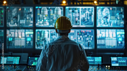 Wallpaper Mural A man in a yellow helmet stands in front of a computer monitor with a serious ex Torontodigital.ca