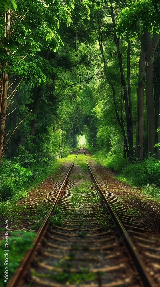 Obraz premium Railroad track through lush green forest, serene natural tunnel. Adventure and exploration concept