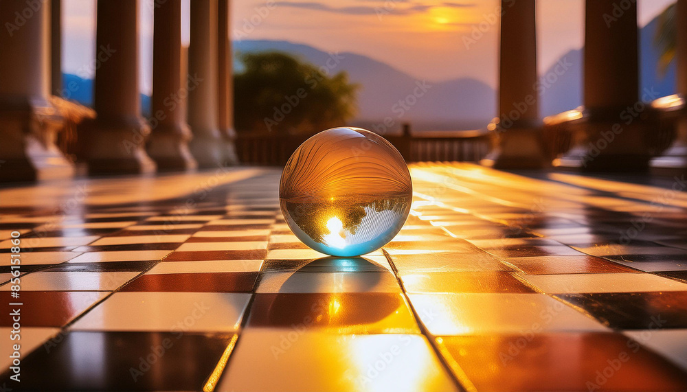 Glass Marble on Checkered Floor ; glass marble, checkered floor, Glass Marble on Checkered Floor ; glass marble, checkered floor,