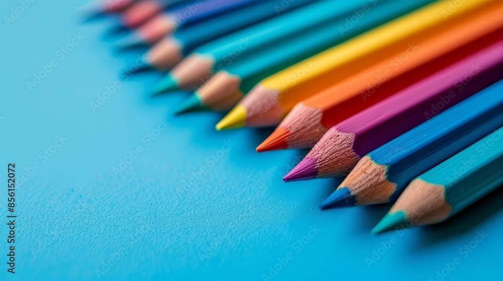 Vibrant colored pencils arranged in a diagonal line on a bright blue background, showcasing a rainbow of hues and artistic inspiration. Vibrant colored pencils arranged in a diagonal line on a bright blue background, showcasing a rainbow of hues and artistic inspiration.