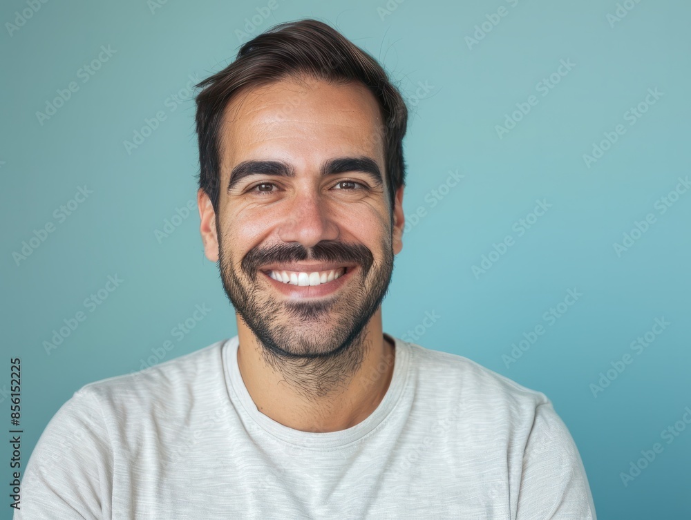 Portrait of a blissful man in his 30s smiling at the camera isolated in pastel blue background