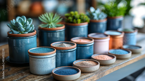 Succulent Pots and Pigments in Blue Hues © Bunpoht