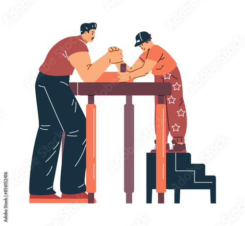 Vector illustration depicting a tense arm wrestling training match: an athlete competes with a boy