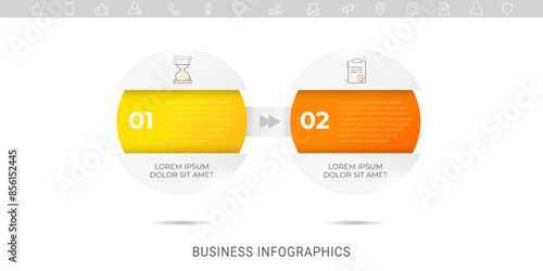Business vector infographics with two circles and arrows. Timeline visualization with 2 steps for diagram, flowchart, banner, presentations, web, content, levels, chart, graphic