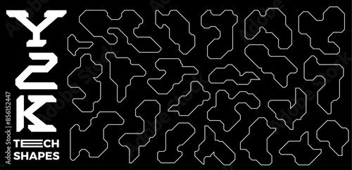 Set of cyberpunk frames or futuristic tech texture elements. Spaceship hull geometric parts, in y2k brutalism style