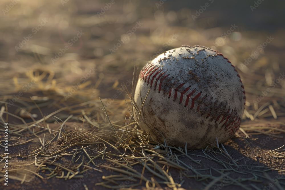 A weathered baseball lies on a dirt field, surrounded by dry grass and bathed in warm, golden sunlight, evoking nostalgia and past games. A weathered baseball lies on a dirt field, surrounded by dry grass and bathed in warm, golden sunlight, evoking nostalgia and past games.