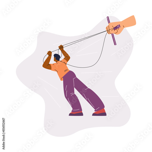 Vector illustration of a puppeteer controlling a human being, demonstrating the dynamics of power