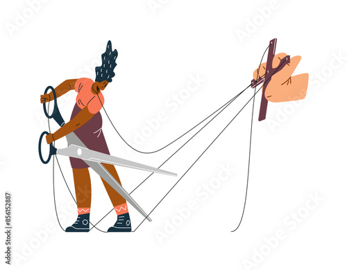 Vector illustration of a worker cutting ropes with scissors to avoid toxic control