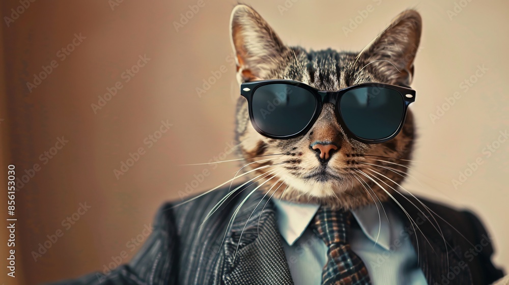 An image of a cat wearing sunglasses and a suit with a tie. An image of a cat wearing sunglasses and a suit with a tie.