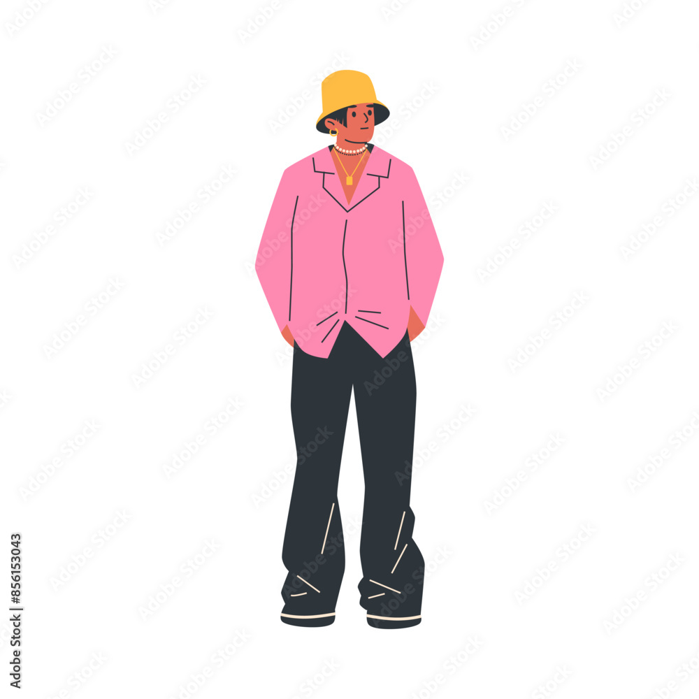 Young person vector Y2K fashion, glamour POP 00s stylish teenager clothes, pink shirt, wide trousers, panama hat jewelry Young person vector Y2K fashion, glamour POP 00s stylish teenager clothes, pink shirt, wide trousers, panama hat jewelry