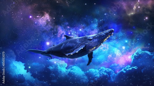 Fantasy dream, space fairy tale background with huge whale flying in night starry sky