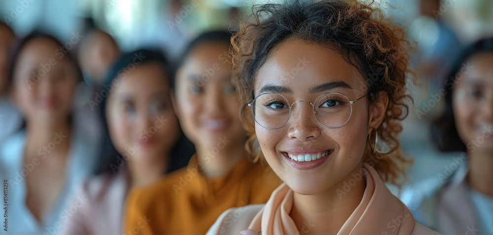 Woman in a inclusive group of office colleagues smiling at a team building workshop event, workplace race inclusion and diversity concept. Generative AI. Woman in a inclusive group of office colleagues smiling at a team building workshop event, workplace race inclusion and diversity concept. Generative AI.