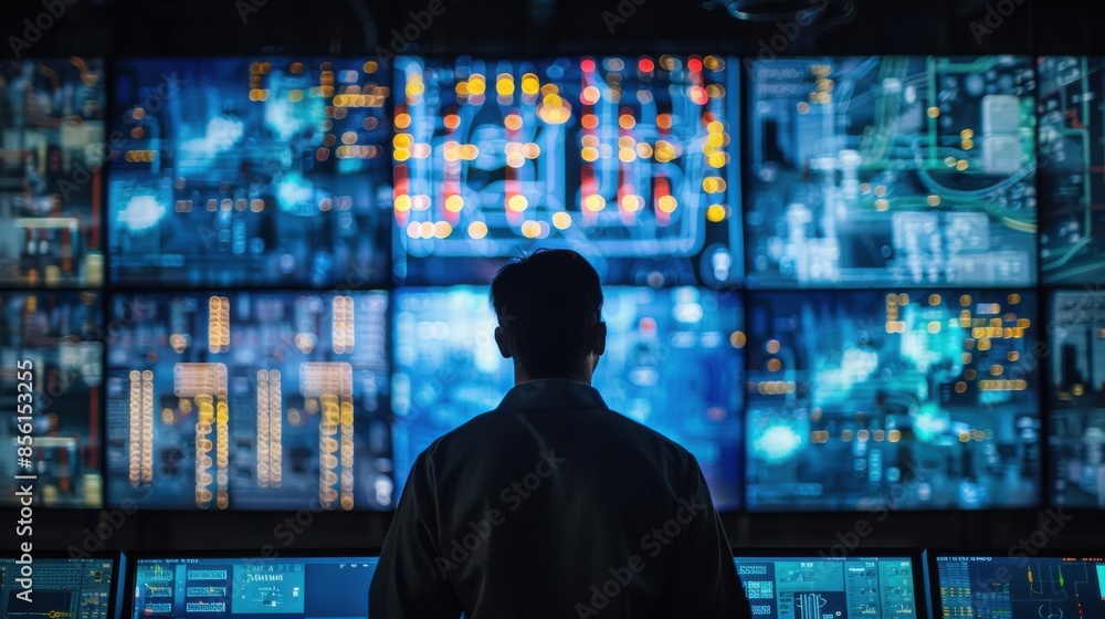 A man is looking at a computer monitor with many screens A man is looking at a computer monitor with many screens