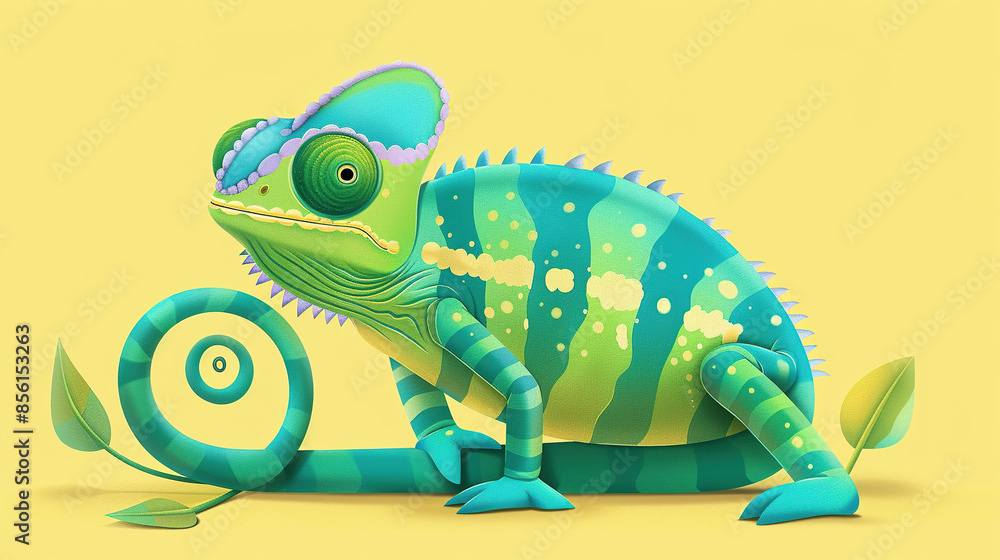 Fototapeta premium I imagine an image of a colorful chameleon on a branch against a white background