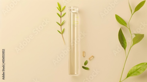 Laboratory test tube with green branch on beige background for natural skincare research