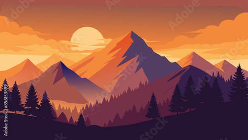 Beautiful vector illustration of sunset over mountains and forests landscape, with warm sun rays
