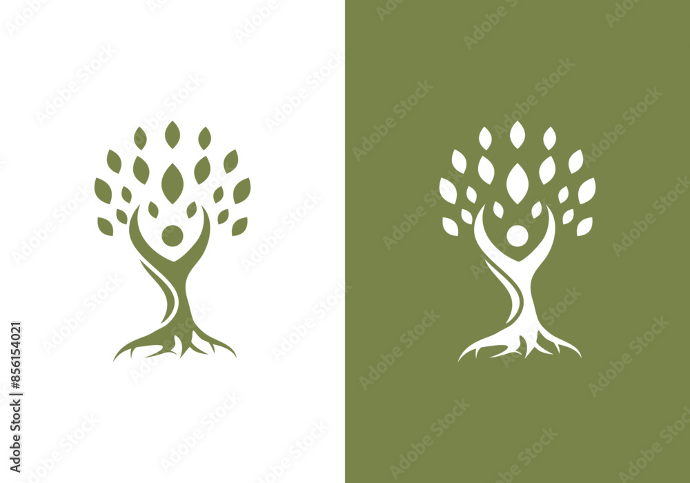 line art nature logo vector design of tree and man or person inside ...