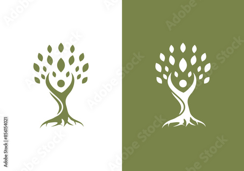 line art nature logo vector design of tree and man or person inside circle, abstract tree logo symbol inside circle	