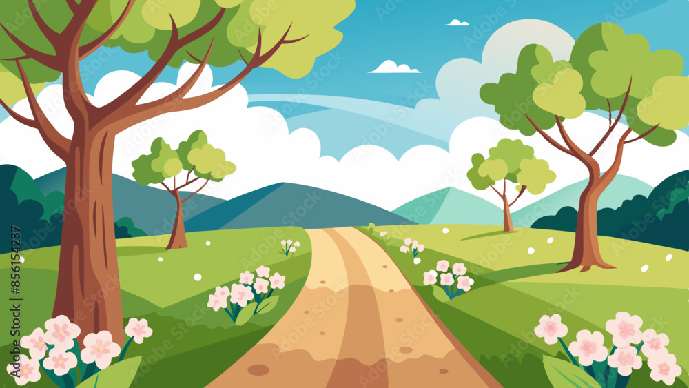 Fototapeta premium A dirt road winds through a picturesque landscape, lined with towering trees and adorned with white flowers vector illustration