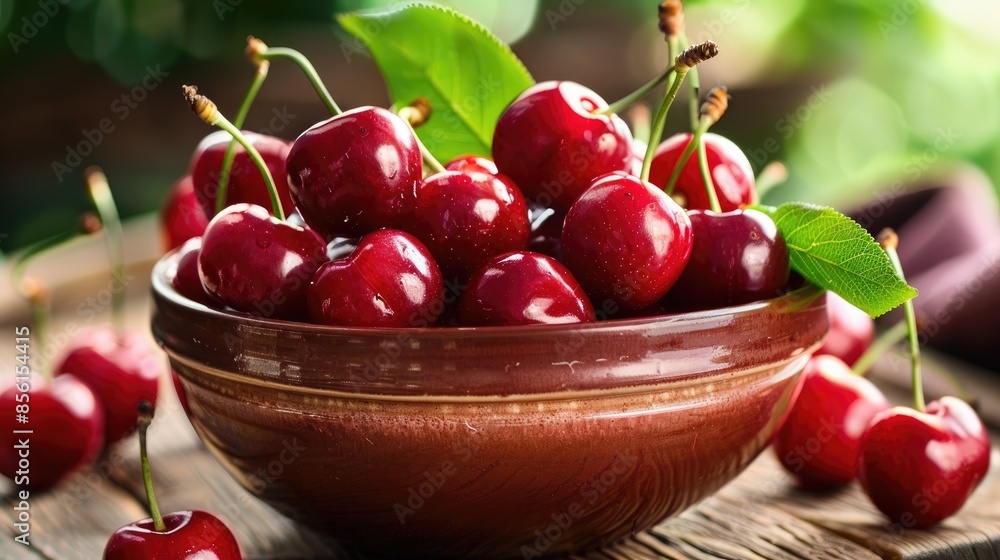 Bowl of fresh cherries displayed on a wooden surface Bowl of fresh cherries displayed on a wooden surface
