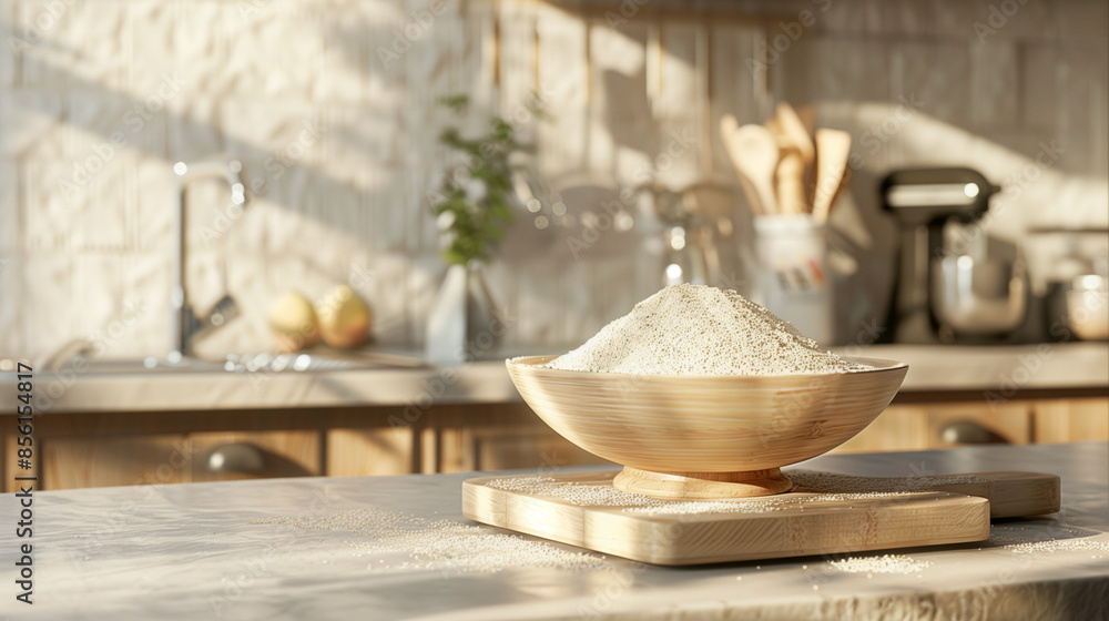 Kitchen with bowl of flour on countertop. Kitchen with bowl of flour on countertop.