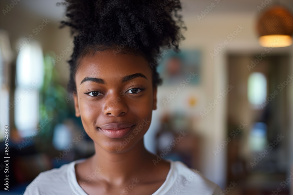 Young Individual Smiling In Cozy Room Young Individual Smiling In Cozy Room