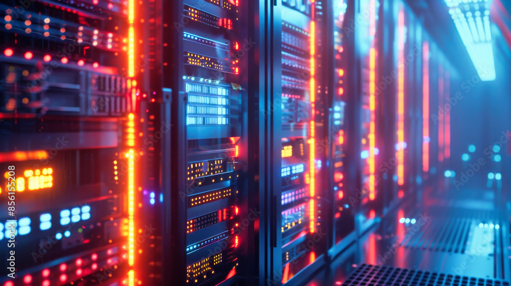 Data center with a row of computer servers. Abstract generic concept of cyberspace, communication and technology. Data center with a row of computer servers. Abstract generic concept of cyberspace, communication and technology.