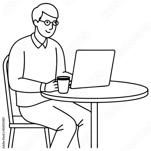 IT developer looking on a laptop vector line art and silhouette illustration